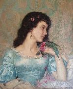 Weerts Jean Joseph Beautiful pensive portrait of a young woman with a bird and flower oil on canvas